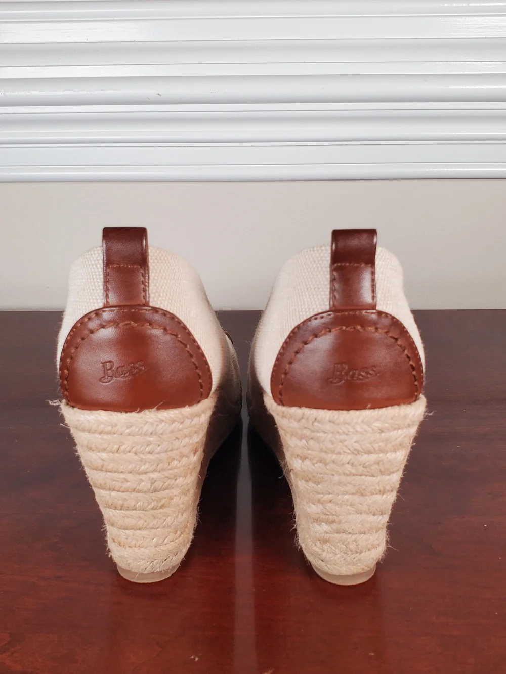 G.H. Bass & Co. - Kaitlyn Beige Canvas and Brown  Faux Leather Espadrille Wedges